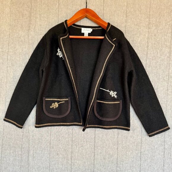 Vintage Mia Nola Black Boiled Wool Embroidered Boxy Cardigan Sweater Size Large - Picture 3 of 8